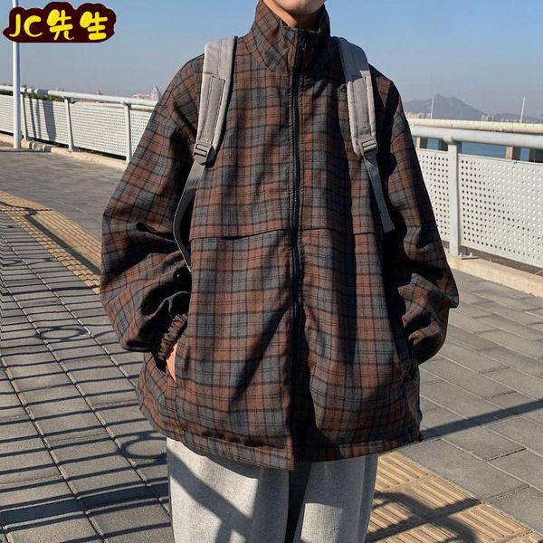 

men's jackets retro plaid two side work jacket for men and women, Black;brown