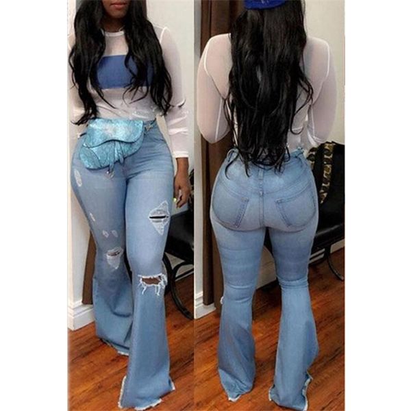 

women denim high waist flare jeans boyfriend ripped calca lady skinny bell bottom jeans pants wide leg mom plus size, Blue