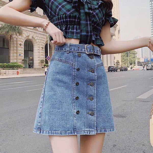 

shintimes button a-line sashes denim skirt women 2020 pockets mini womens skirts summer woman clothes jupe femme ete falda mujer1, Black