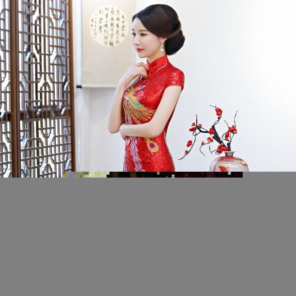 

ethnic clothing red womens summer long cheongsam vintage chinese style mandarin collar qipao mesh sequined slim party dress vestido s-4xl