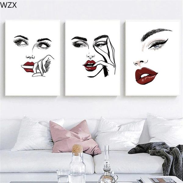 

paintings beauty women face fashion painting red lips wall art canvas print eyelash nordic poster pictures for living roomdecor