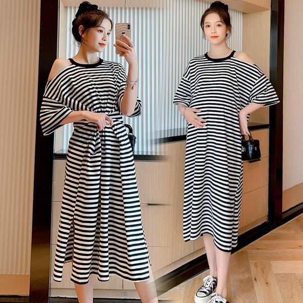 

arrive summer maternity dress woman casual striped loose version large size dresses pregnant clothing md-02867, White