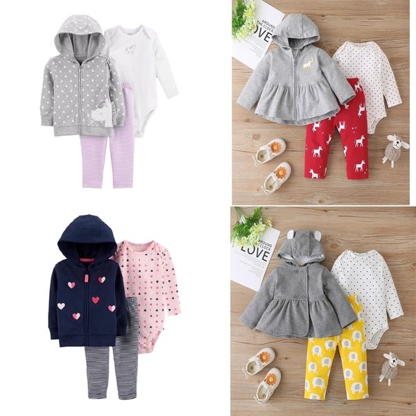 Baby Mädchen Kleidung Winter Langarm Kapuzenmantel + Dot Strampler + Hosen Neugeborenes Baby Kleidung Unisex Neugeborene Outfits Reißverschluss 210309