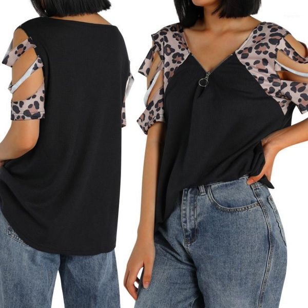 

women's t-shirt women loose style t-shirt, leopard printed pattern short sleeve hollow out patchwork v-neck summer plus size 3xl, White
