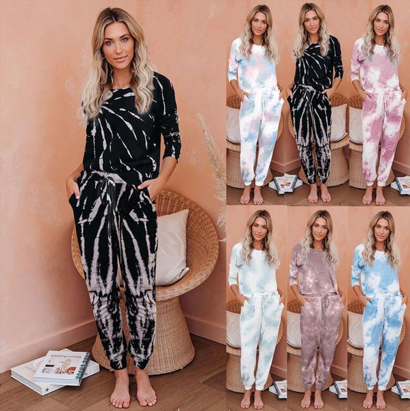 

2pcs pajama, tie dyeing womens pants patterns round neck long sleeve high waist drawing straps elastic band sleepwear, White
