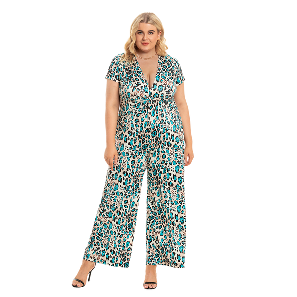 

plus size pants women clothing deep v-neck short sleeve jumpsuit leopard print wide leg fashion 5xl, Black