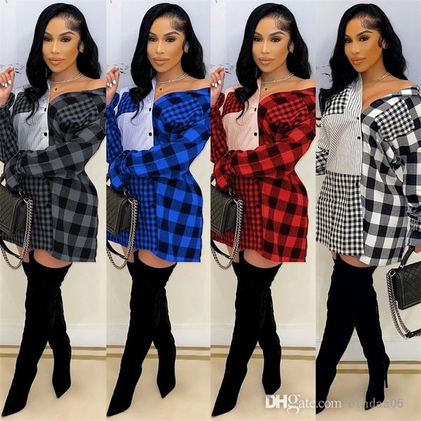 

women shirt dress 2022 designer fashion lapel neck long sleeve plaid stitching casual skirt, Black;gray