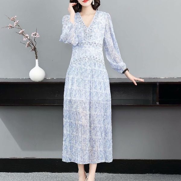 

dress runway fashion spring new beading vintage v-neck long sleeve elegant pleated women's chiffon dresses onf1, Black;gray