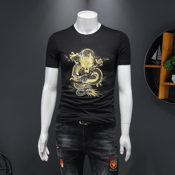 

New Big 2021 China Dragon Size Embroidered Fashion Summer Short Male T-shirts Fine Streetwear T-shirt PNU3, Black;brown