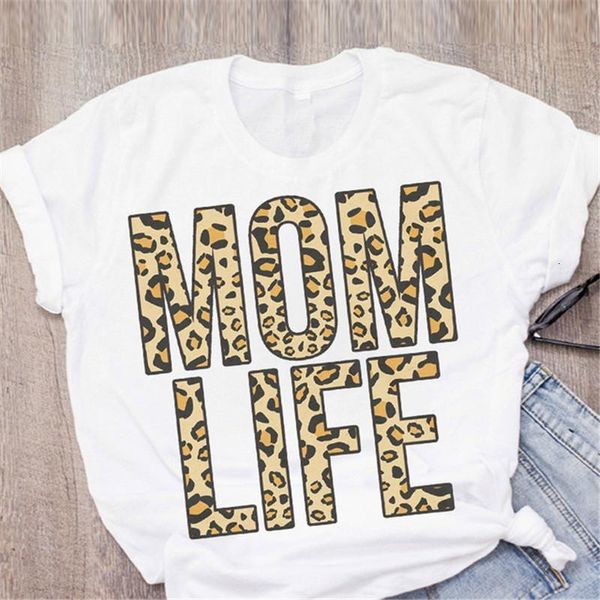 

leopard mom life letter printed summer women t shirts short sleeve round neck cotton female korean style women cloth, White