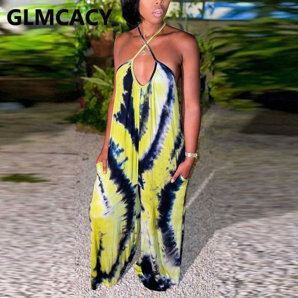 

halter tie dye printed backless loose jumpsuit summer overalls 210702, Black;white