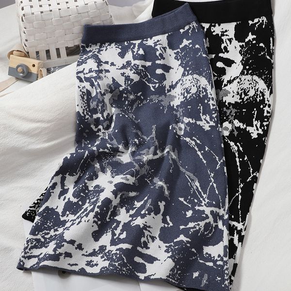 

women tie dye knitting skirt women korean fashion elastic slim pencil skirt autumn winter high waist bodycon long skirt, White;black