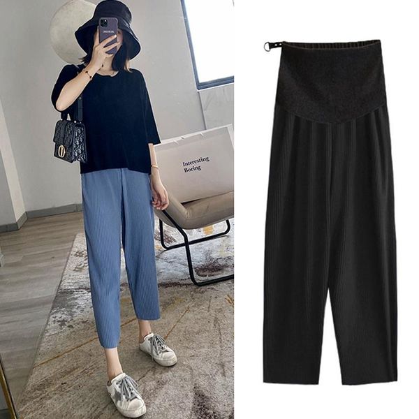 

draped pleated chiffon maternity pants 9/10 length loose straight belly clothes for pregnant women summer pregnancy 2021 bottoms, White