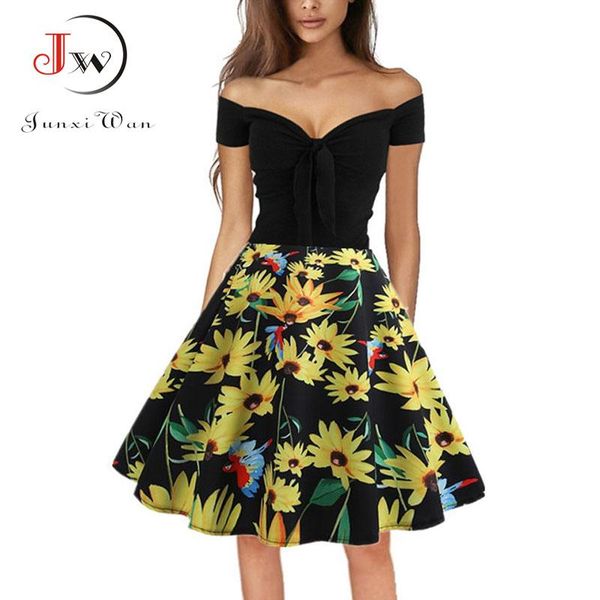 

party dresses retro short sleeve print dress summer women slash nech elegant vintage black patchwork plus size midi, White;black