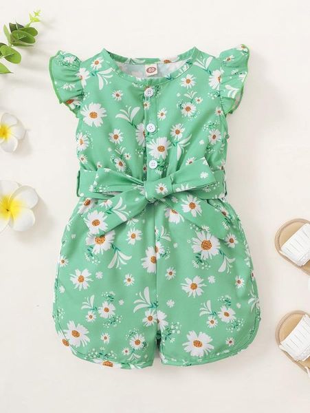

baby floral print butterfly sleeve half button belted romper she, Blue