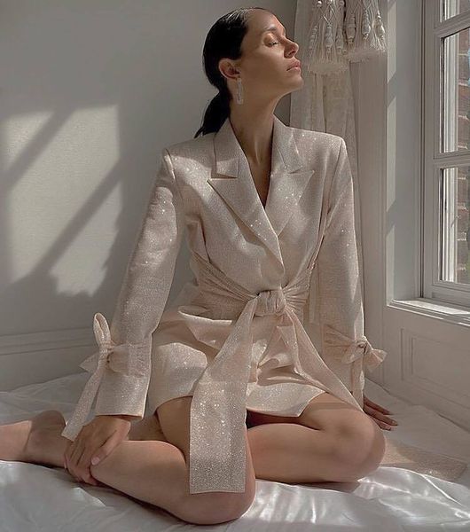 

2021 new sinly women winter long sleeve v neck sparkly beige blazer elegant evening party club vestidos j9vc, Black;gray