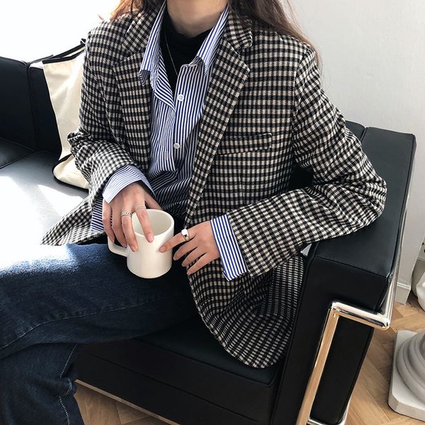 

2021 new retro plaid women's suit jacket, single button suit, spring and autumn 7t27, White;black