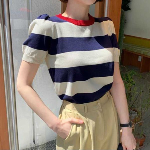 

womengaga korea spring summer t-shirt women's thin loose simple short puff sleeve stripe pullover tees asian girls 86ay 210603, White