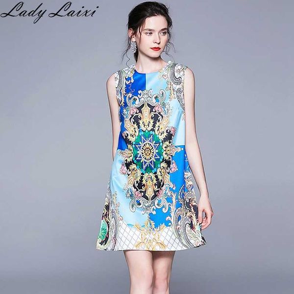 

short party dress women style vintage print casual bohomian sleeveless round neck summer 210529, Black;gray