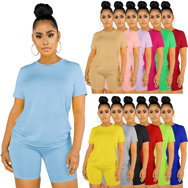 

13 colors selling 2021 women's fashion casual two-piece sets summer round neck short short sleeve shorts solid color slim tracksuit, Gray