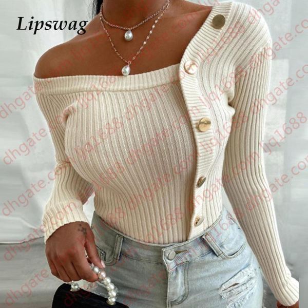 

slash neck button ribbed knit blouse women 2021 autumn elegant off shoulder pullover ladies casual solid color blusa, White