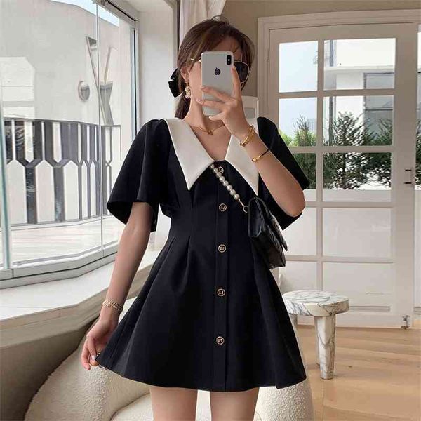 

casual dresses doll collar high waist dress women's french small short sleeve a-line skirt dresses for women g7iq, Black;gray