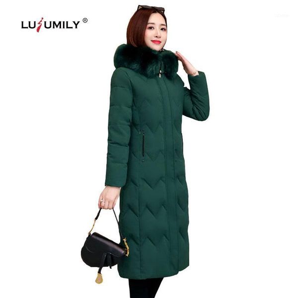 

women's down & parkas lusumily chic fur coat hooded winter cotton coats warm long jacket plus size 5xl slim women padded wadded female, Black