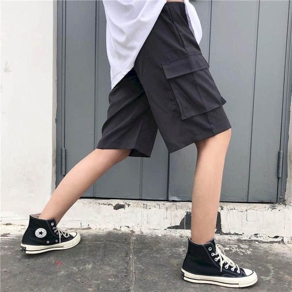 

summer korean big pocket pants japanese retro overalls shorts trend casual five-point pants men women hip hop punk style shorts, White;black