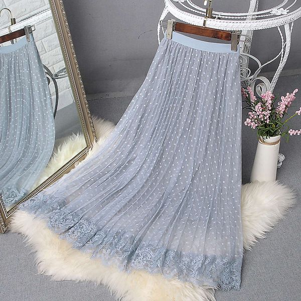 

popular hem autumn and winter 2021 high waist lace slim stitching mesh polka dot pleated medium length yarn skirt female hot, White;black