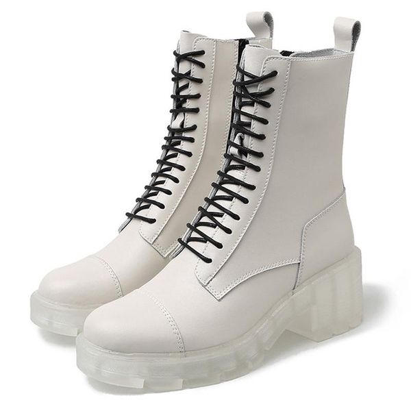 

boots 2021 autumn fashion women crystal sole ankle platform round head white genuine leather motorcycle mujer, Black