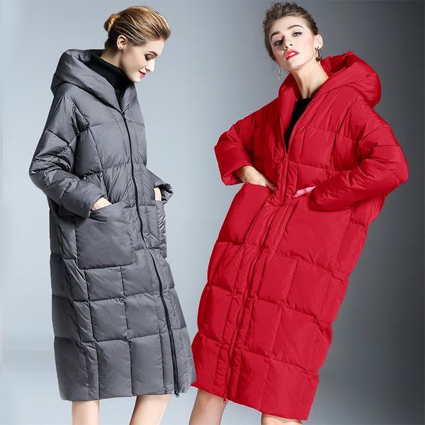 

europe grade down jacket women 2021 winter plus size loose long hooded warmer thickened 90% white duck down coat, Black