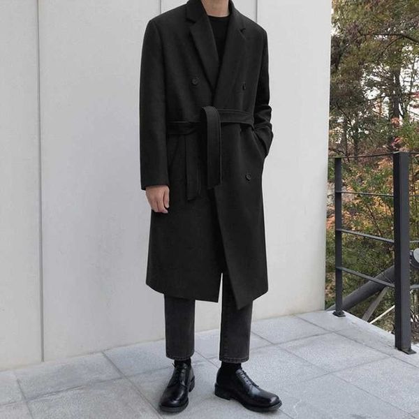 

men's autumn winter korean trend teenager thickened belt woolen windbreaker youth pop black navy medium length loose coat