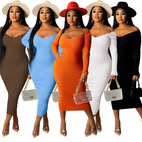 

midi dresses women fall long sleeve skinny v-neck ribbed knitted dress solid party dress bulk wholesale items clothes 5750, Black;gray