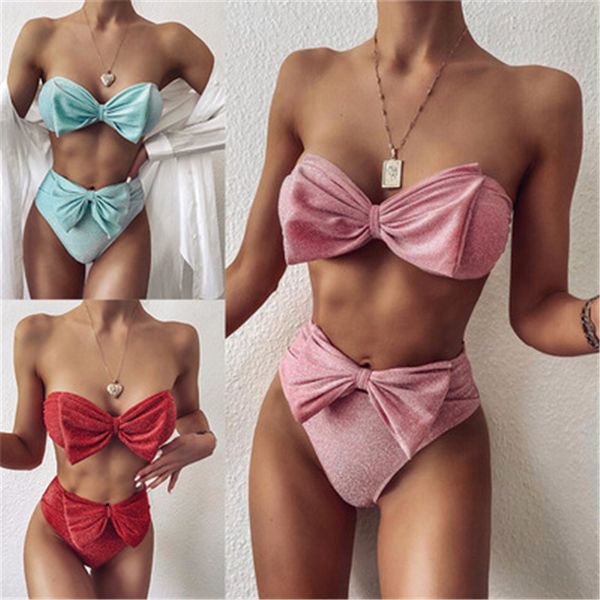 Womens Bow-Nó Sólida Cores Swimwear Moda Tendência Reúna Bras Bruzinhos Split Bikinis Swimsuit Verão Feminino Brilhante Silk Beach Beach Beach Conjuntos