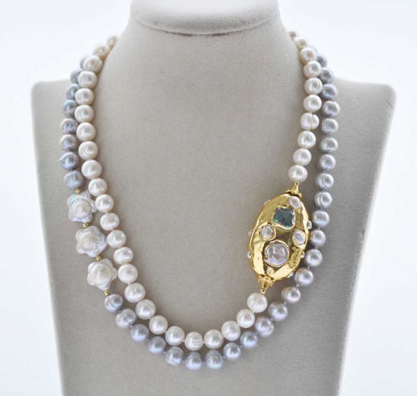 

z10786 2row 18" 45mm white gray round flower pearl gold-plating necklace, Silver