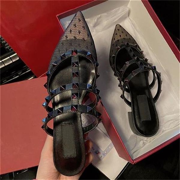 

family new 2021 v spring rivet pointed half slippers for women yw yw, Black