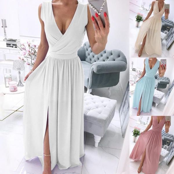 

casual dresses summer maxi dress women formal solid color v neck elegant split large hem long party robe longue femme, Black;gray