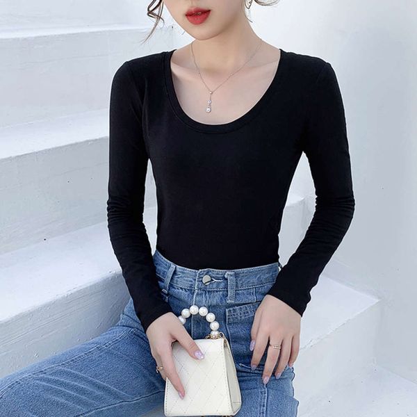 

black base coat autumn and winter long sleeve round neck big neckline women's exposed clavicle tight u with slim t-shirt, White