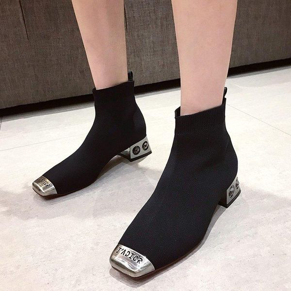 

boots womens shoes british retro style square head boot stretch fabric feminine footwear elegant female booties botas de mujer, Black