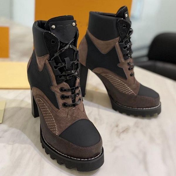 

boots mixed color genuine leather woman shoes high heel round toe women lace-up ladies comfortable zapatos de mujer, Black