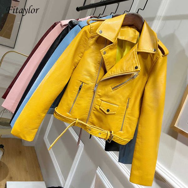 

fitaylor women faux leather jacket black yellow pink motorcycle biker jackets soft pu short leather coat with belt 211011