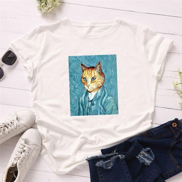 

2021 super soft polyester women t shirts summer short sleeve casual white o-neck oil painting graphic tees streetwear top