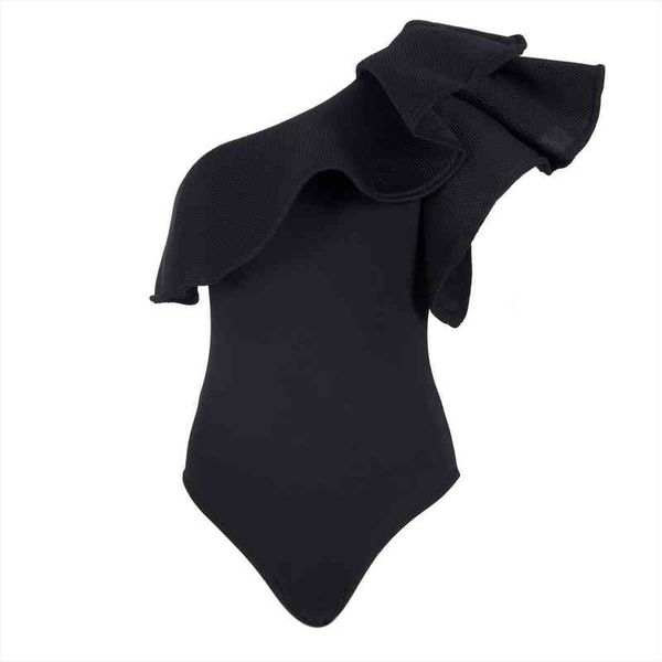 

women one shoulder ruffled bodysuit leotard romper mesh bodysuits, Black;white