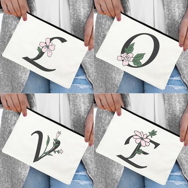 

storage bags pink flower alphabet a-z canvas zipper cosmetic bag green plants cartoon print makeup outdoor travel toiletries