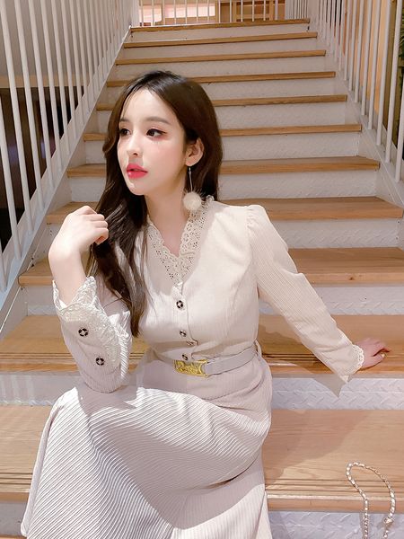 

women's 2021 spring autumn corduroy new long sleeve ladies girl fashion single-breasted elegant vestidos with belt wap3, Black;gray