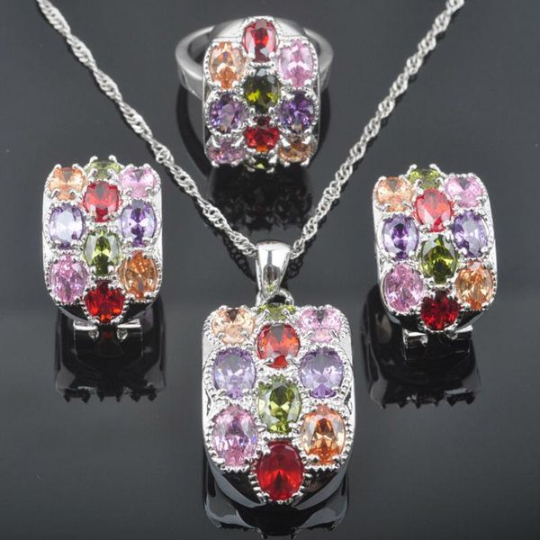 

fahoyo unusual multicolor zirconia women's silver color jewelry sets earrings/pendant/necklace/rings qz0522