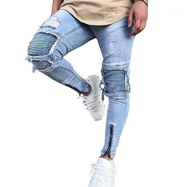 Jeans da uomo 2022 Pantaloni skinny in denim effetto consumato sfilacciati strappati con cerniera Decorazione pantaloni casual semplici