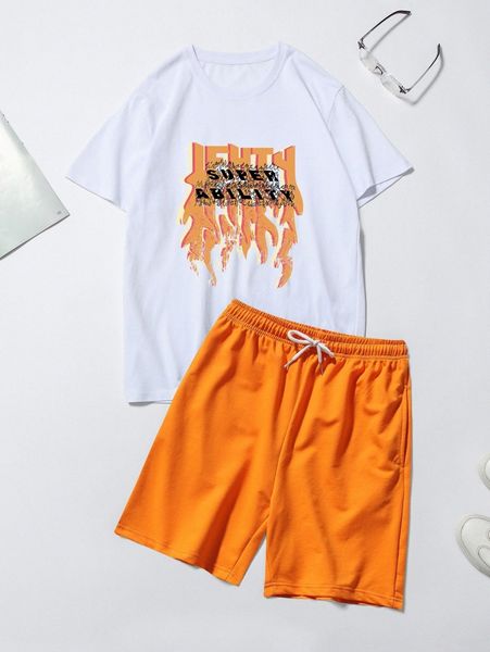 

men letter graphic tee & track shorts 99hw#, Gray