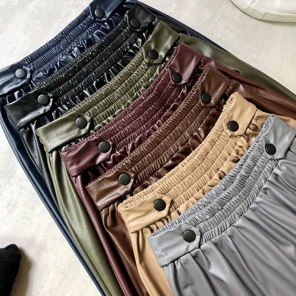 

fashion high street womens new autumn winter pu leather button oversized a-line long skirt women 210309, Black