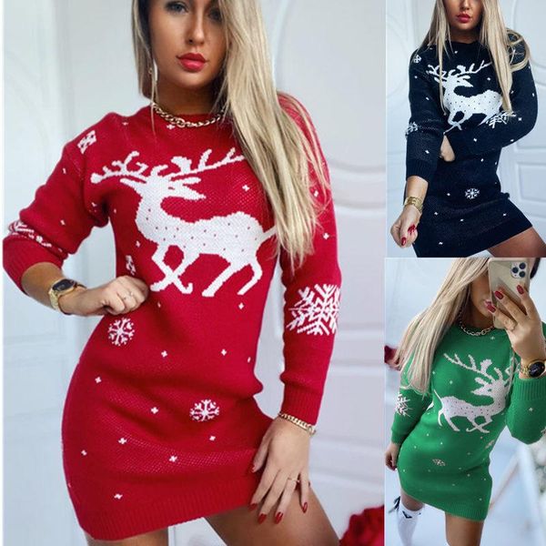

casual dresses skmy 2021 winter sweater short for women christmas elk knitted long sleeve dress party bodycon clubwear, Black;gray